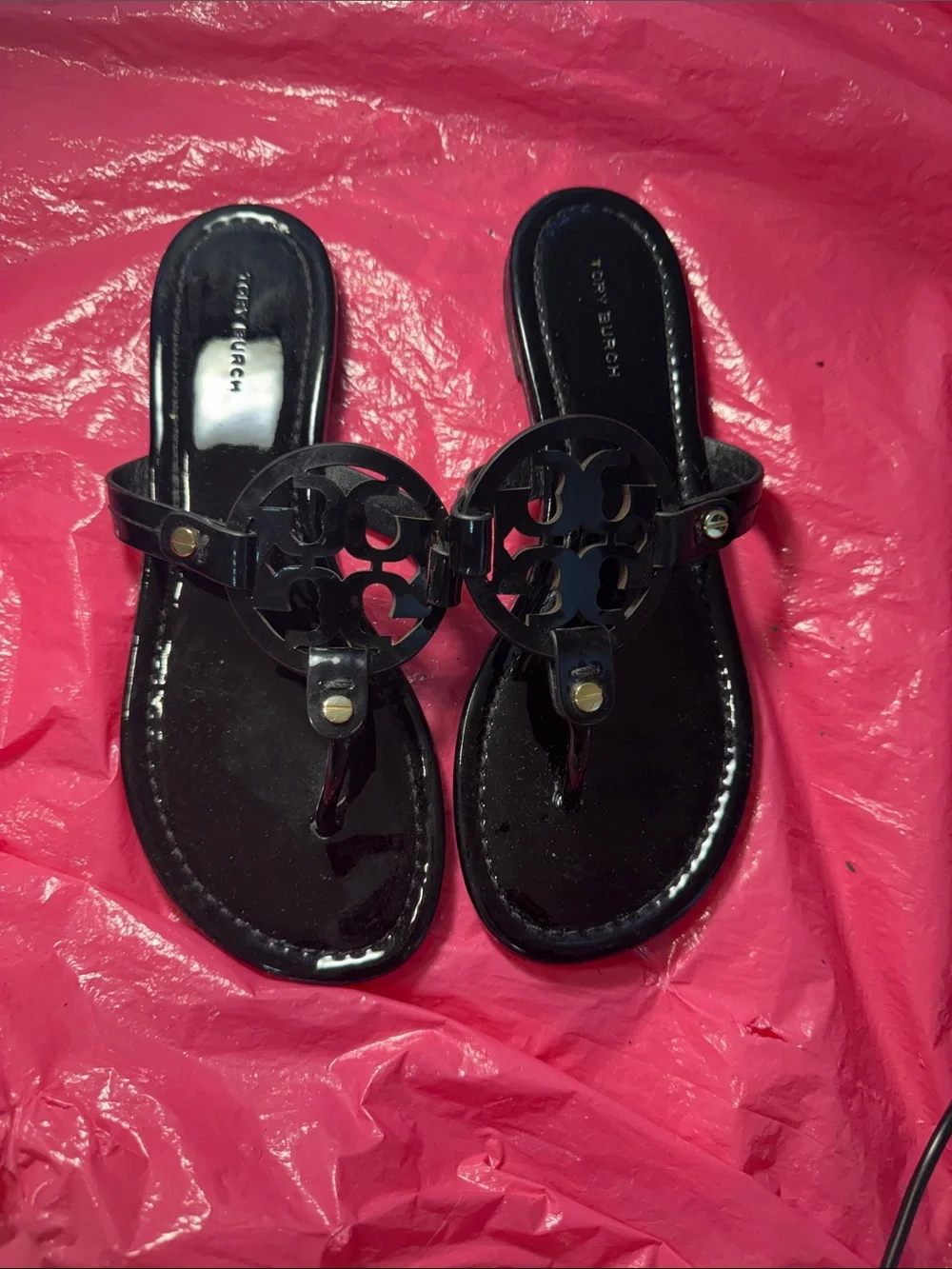 Tory Burch Black Patent Logo Thong Sandals